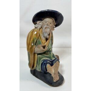 Vintage Chinese Mudman Figurine Fisherman Shiwan Style Pottery Figure